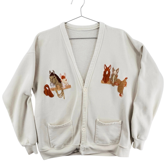 B-Wear Sweaters - Vintage Horse Cardigan Sweatshirt Western Cowboy Hat Saddle Equestrian Size XL